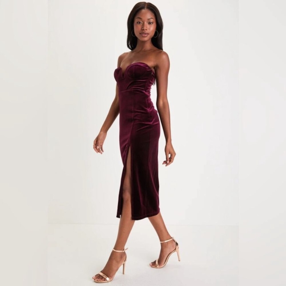 Lulu's Deep Wine Strapless Midi Dress - Picture 3 of 11